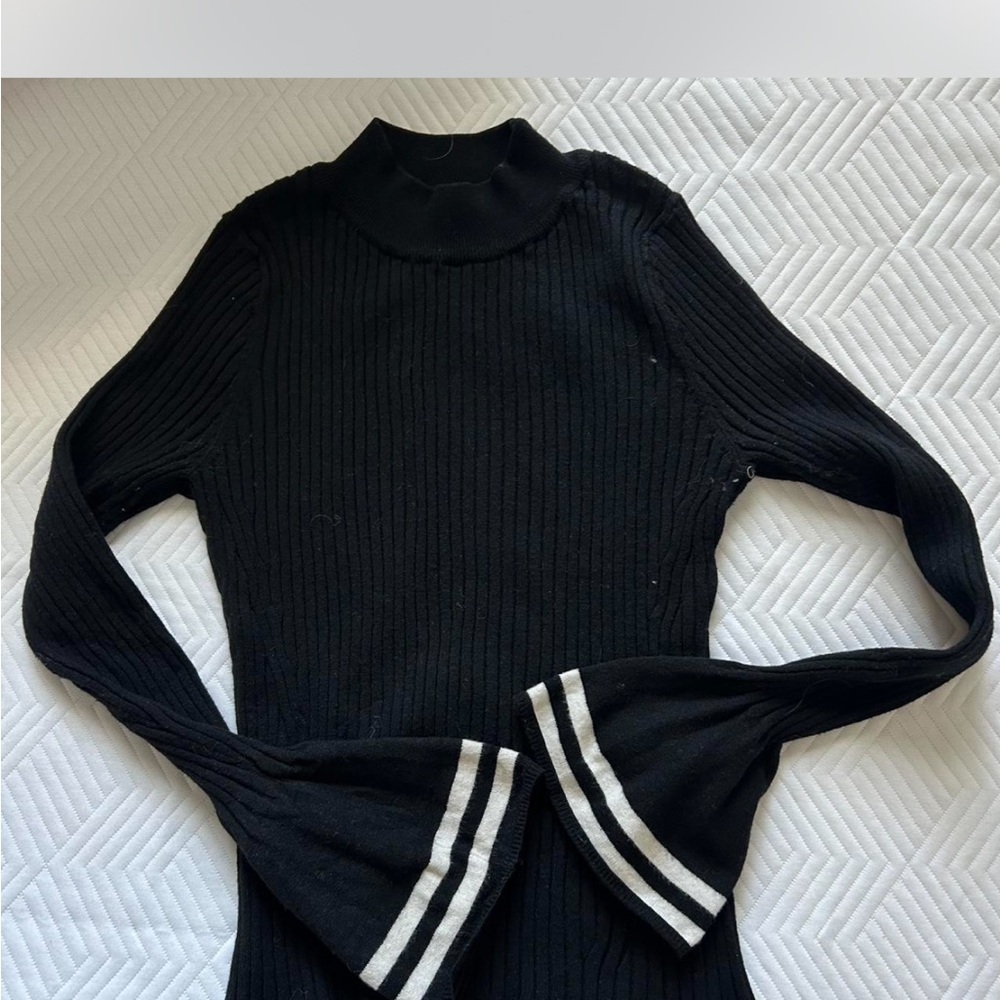 Black Ribbed Sweater with Flared Sleeves
